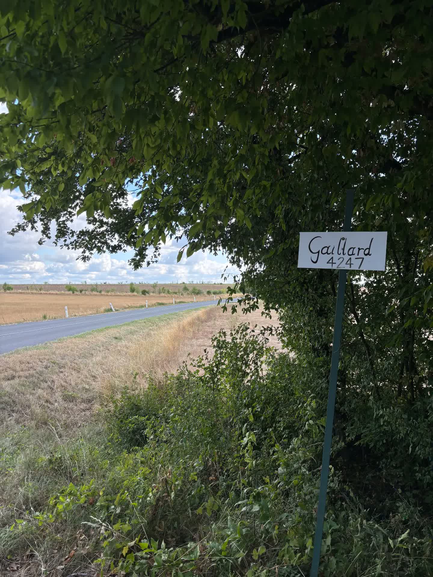 Hand-painted sign for Gaillard 4247 by the roadside
