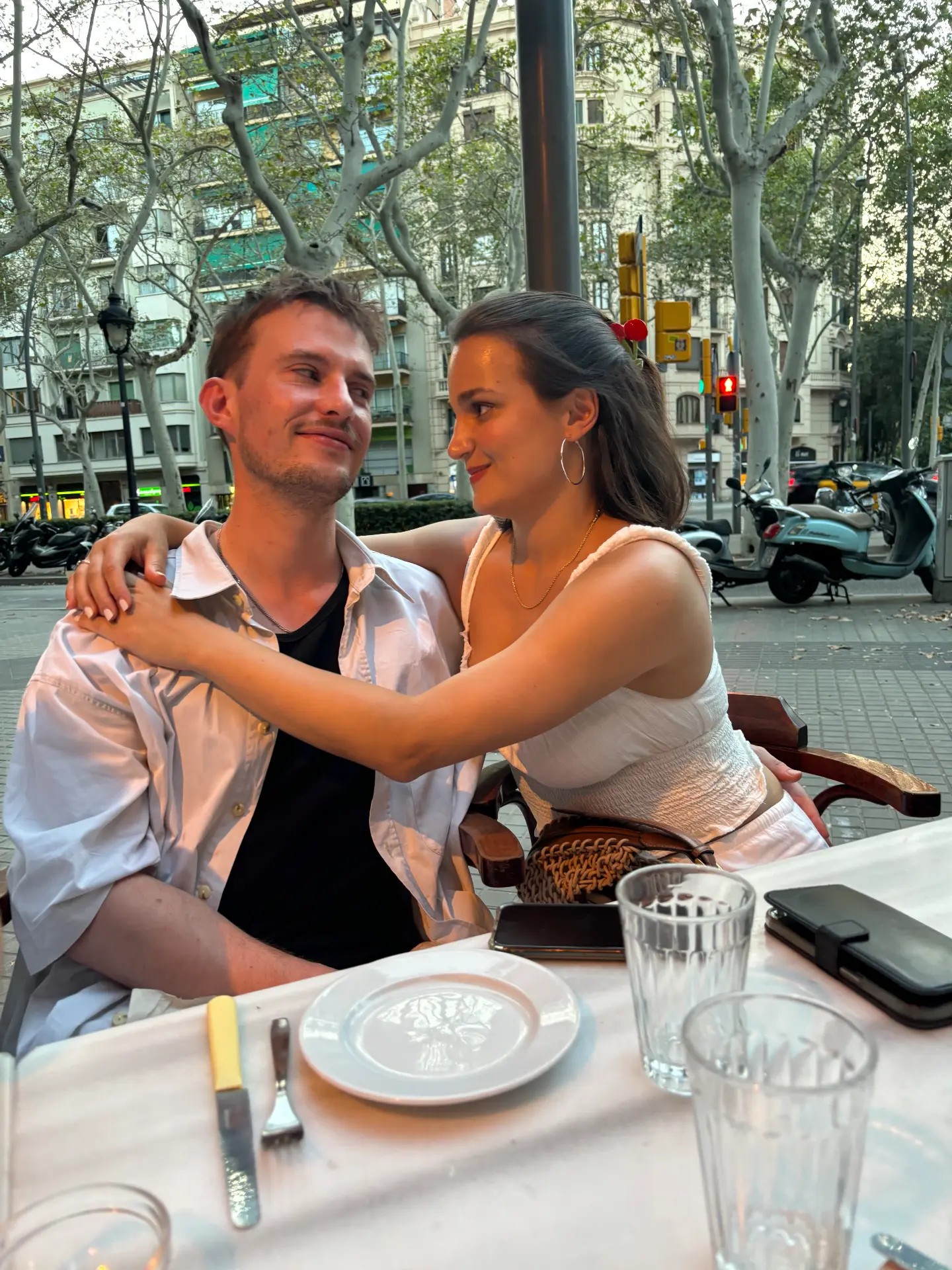 Zoe & Pete at a restaurant in Barcelona
